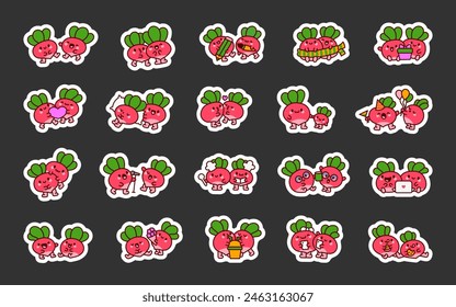 Radish couple cute cartoon characters. Sticker Bookmark. Funny adorable vegetables. Hand drawn style. Vector drawing. Collection of design elements.