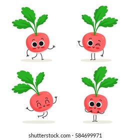 Radish. Cute cartoon vegetable vector character set isolated on white