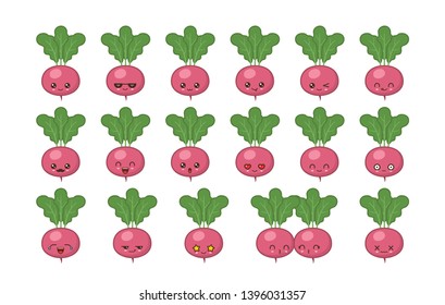 Radish cute kawaii mascot. Set kawaii food faces expressions smile emoticons. 