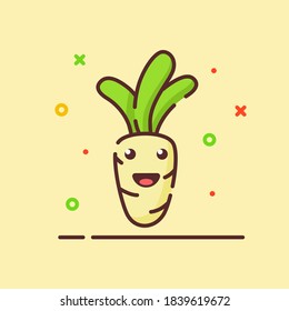 Radish cute mascot face emotion happy vegetable with color flat cartoon outline style