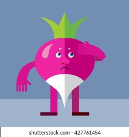 Radish doubting. Flat style vector illustration. Funny cartoon character for agriculture or food design