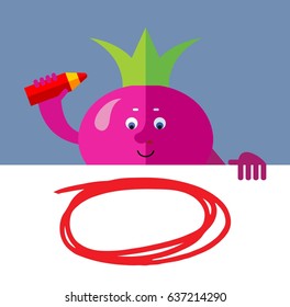 Radish drawing a red pencil empty frame on a blank sheet. Flat style vector illustration. Funny cartoon character for agriculture or food design