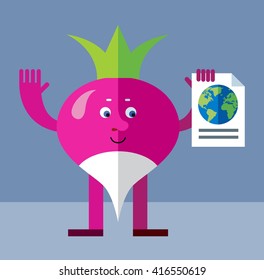 Radish engaged in a global search. Flat style vector illustration. Funny cartoon character for agriculture or food design