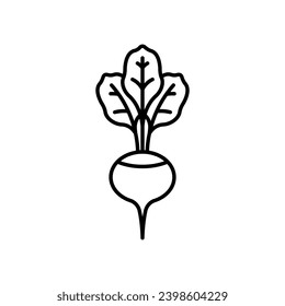 Radish flat line icon. Linear illustration of a root vegetable. Icon of a radish for a menu, a recipe, grocery app, design. Vector sign, thin stroke, editable line.