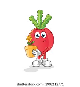 radish with a flower pot illustration. character vector