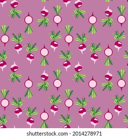 Radish full and slices seamless pattern vector. Hand-drawn fresh radish vegetables with leaves seamless pattern vector. Complex irregular pattern with harvest vegetables