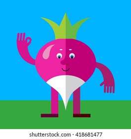 Radish gesturing okay. Flat style vector illustration. Funny cartoon character for agriculture or food design