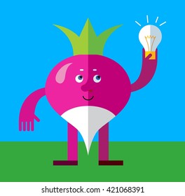 Radish get the idea holding bulb. Flat style vector illustration. Funny cartoon character for agriculture or food design