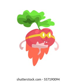 Radish WIth Glasses And Cape Dressed As Superhero, Part Of Vegetables In Fantasy Disguises Series Of Cartoon Silly Characters