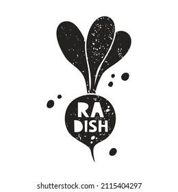 Radish grunge sticker. Black texture silhouette with lettering inside. Imitation of stamp, print with scuffs. Hand drawn isolated illustration on white background