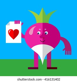 Radish with heart icon. Flat style vector illustration. Funny cartoon character for agriculture or food design