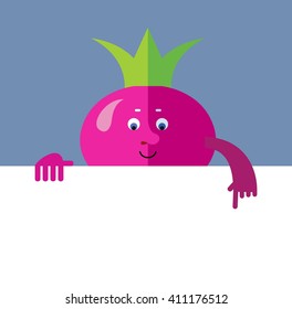 Radish holding a blank sheet pointing. Flat style vector illustration. Funny cartoon character for agriculture or food design