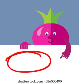 Radish holding a blank sheet and pointing on red empty frame. Flat style vector illustration. Funny cartoon character for agriculture or food design