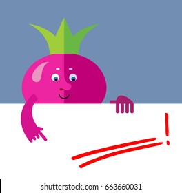 Radish holding a blank sheet and pointing on red underline empty place. Flat style vector illustration. Funny cartoon character for agriculture or food design