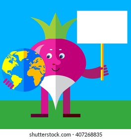 Radish holding a globe and blank sign. Flat style vector illustration. Funny cartoon character for agriculture or food design