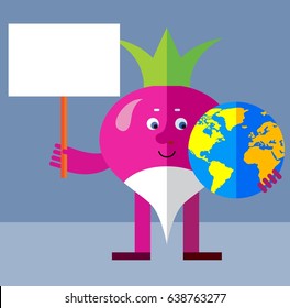 Radish holding a globe and blank sign. Flat style vector illustration. Funny cartoon character for agriculture or food design