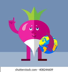 Radish holding a globe and making attention gesture with forefinger . Flat style vector illustration. Funny cartoon character for agriculture or food design