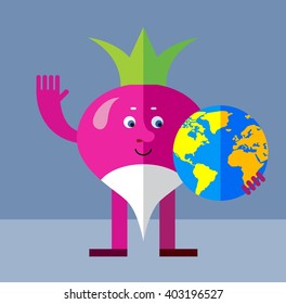 Radish holding a globe and waving hand. Flat style vector illustration. Funny cartoon character for agriculture or food design