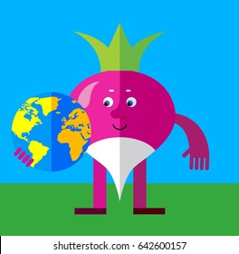 Radish holding a globe and waving hand. Flat style vector illustration. Funny cartoon character for agriculture or food design