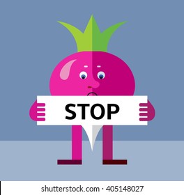 Radish  holding a stop sign. Flat style vector illustration. 