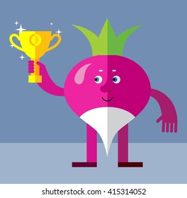 Radish holding winning trophy. Flat style vector illustration. Funny cartoon character for agriculture or food design
