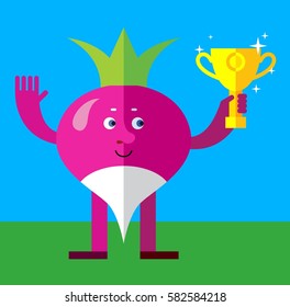 Radish holding winning trophy. Flat style vector illustration. Funny cartoon character for agriculture or food design