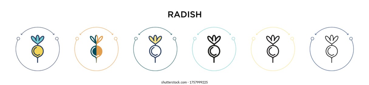 Radish icon in filled, thin line, outline and stroke style. Vector illustration of two colored and black radish vector icons designs can be used for mobile, ui, web