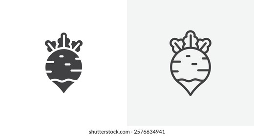 Radish icon set in black flat solid and outlined style.