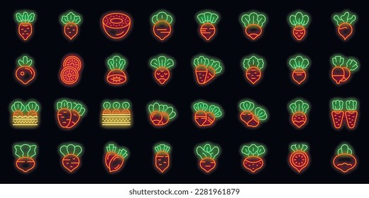 Radish icons set outline vector. Slice agriculture. Summer plant neon color on black