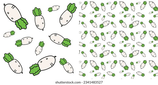 Radish aislado en fondo blanco, SEAMLESS, PATTERN.Dibujo de dibujos animados.Radish Línea blanca vector de dibujo. El concepto de comida. Icono aislado. Diseño de vectores vegetales. Diseñar un elemento de arte lineal.