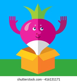 Radish jumping from delivery box. Flat style vector illustration. Funny cartoon character for agriculture or food design