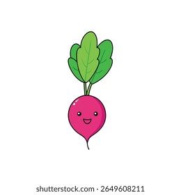 Radish with leafy greens in clean flat cartoon style vector Vector illustration
