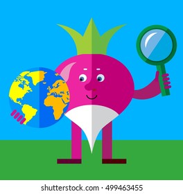 Radish with magnifier glass and globe. Global search. Flat style vector illustration. Funny cartoon character for agriculture or food design
