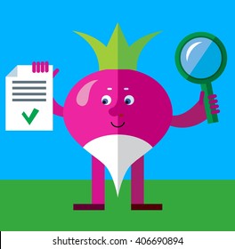 Radish with magnifier glass and OK checklist. Successful searching. Flat style vector illustration. Funny cartoon character for agriculture or food design