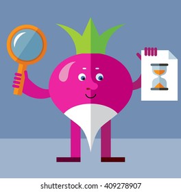 Radish with magnifier glass and preloader icon. Searching. Flat style vector illustration. Funny cartoon character for agriculture or food design