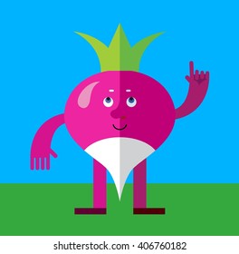 Radish making attention gesture with forefinger. Flat style vector illustration. Funny cartoon character for agriculture or food design