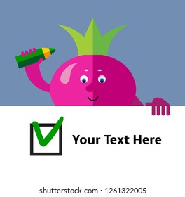 Radish making green check mark in check box. Voting. Right Choice. Flat style vector illustration. Funny cartoon character for agriculture or food design