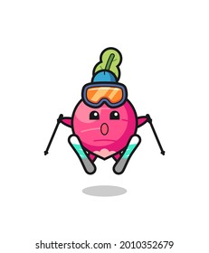 radish-Maskottcharakter als Skispieler , süßes Design für T-Shirt, Aufkleber, Logo-Element