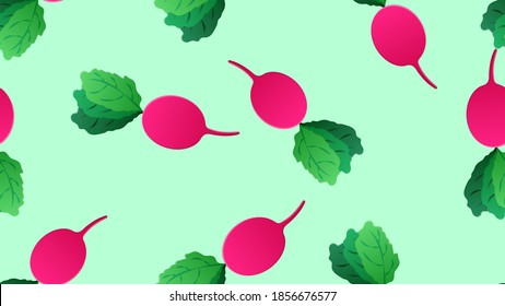 radish on a green background, vector illustration, pattern. oblong radish, a healthy vegetable for salads. color pattern, decor and wallpaper design. colored bright radish for food.