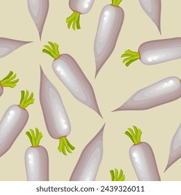 Radish on a light background. White radish. View from above. Radish wallpaper. Flat vector radish seamless pattern. Decorative background with vegetables.