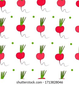 Radish on a white background seamless pattern. For fabric, print, website, cover, Wallpaper.