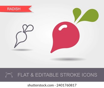 Radish. Outline icon with editable stroke. Linear symbol of the food with shadow and flat icon