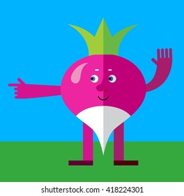 Radish pointing direction. Flat style vector illustration. Funny cartoon character for agriculture or food design