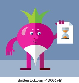 Radish with preloader icon. Flat style vector illustration. Funny cartoon character for agriculture or food design