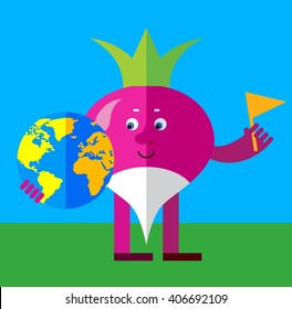 Radish putting flag mark the globe. Flat style vector illustration. Funny cartoon character for agriculture or food design