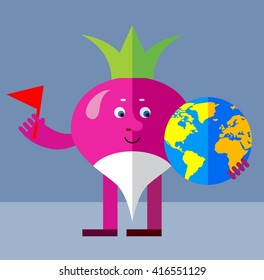 Radish putting flag mark the globe. Flat style vector illustration. Funny cartoon character for agriculture or food design