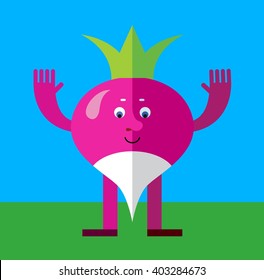 Radish raising his hands. Flat style vector illustration. Funny cartoon character for agriculture or food design
