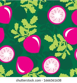 Radish ripe bright vector pattern. For fabric, background, wrapping paper, Wallpaper, textiles.