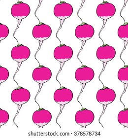 Radish. Seamless pattern with hand-drawn cartoon vegetable. Doodle drawing. Vector illustration - swatch inside