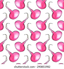Radish. Seamless pattern with vegetables. Hand-drawn background. Vector illustration. Real watercolor drawing.